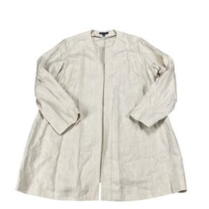 Lands End Womens 18W Linen Open Front Longline Jacket Beige Oatmeal Pocket Coat